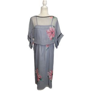 VINTAGE 70s dress gray floral peony sheer dolman‎ sleeve midi S